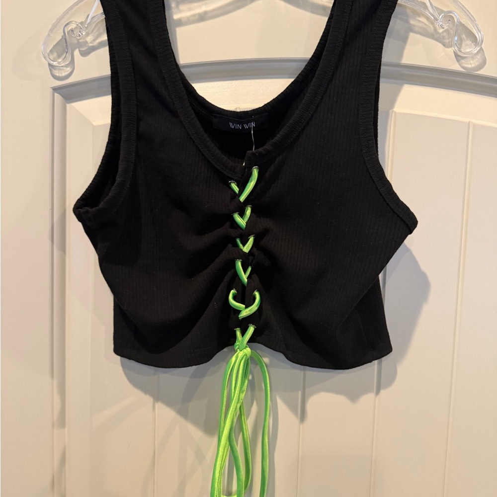 WinWin Black Crop Top with Neon Green Lace-Up